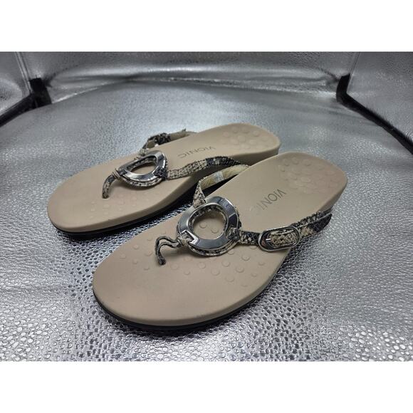 Vionic Karina Sandals Flip Flops Shoes Womens Size 9 Beige Snake Leather - Picture 1 of 5